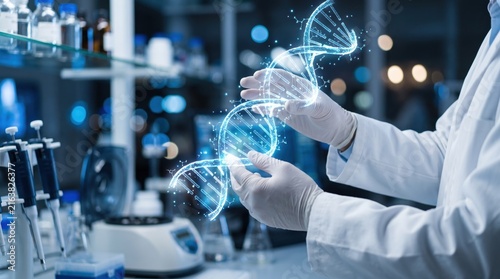 Scientist holding futuristic glowing hologram DNA double helix structure in modern laboratory, genetic engineering, biotechnology research, medical science innovation