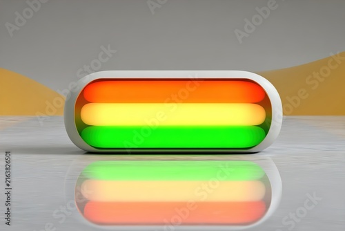 Glowing neon rectangle light with orange yellow and green stripes on reflective surface