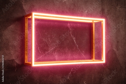 Glowing neon rectangle frame on dark textured background for modern digital design template