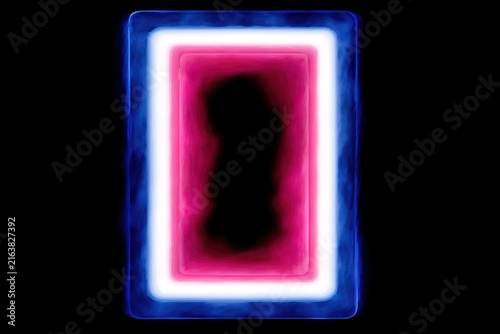 Glowing neon rectangle frame with vibrant pink and blue light on black background