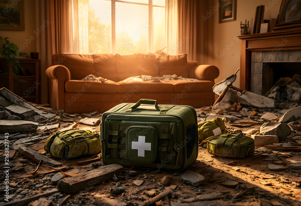 Fototapeta premium Disaster relief and emergency preparedness, first aid kit in a destroyed home after natural catastrophe or war conflict
