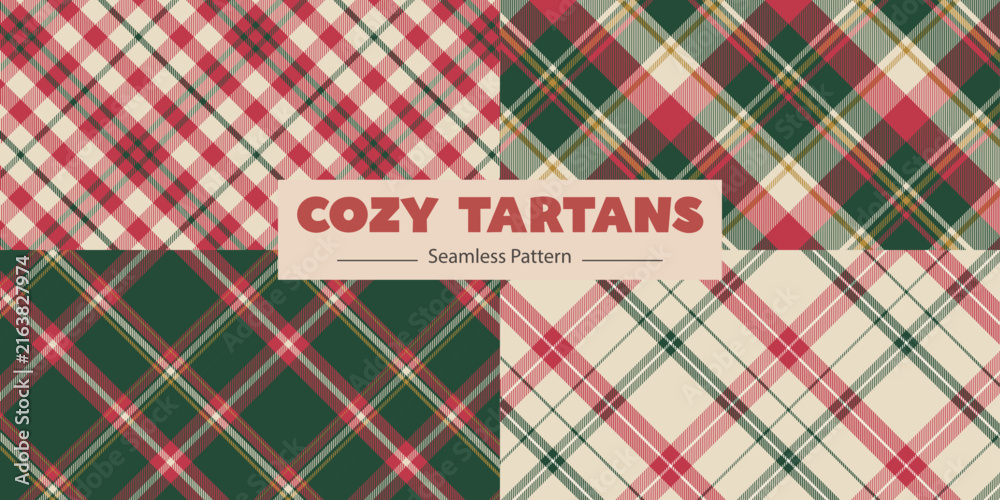 Fototapeta premium Seamless Christmas check pattern inspired by Scottish plaid, perfect for fabric, holiday packaging, apparel and seasonal backgrounds.