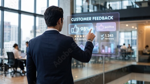 Businessman analyzing customer feedback data on transparent futuristic interface, positive reviews statistics, rating stars, satisfaction survey results, modern office