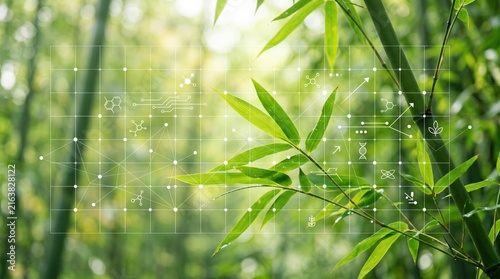 Green bamboo forest with white digital grid overlay, molecular structures and network lines symbolizing biotechnology, sustainable innovation, eco-friendly science research