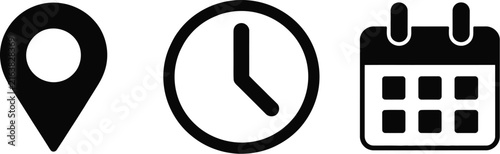 Calendar, clock, and location pin icons representing time, date, and address information for events, meetings, invitations, agendas, and business cards.