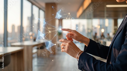 Businesswoman hands manipulating floating holographic network nodes and connections in bright modern office, representing teamwork collaboration strategic planning and global