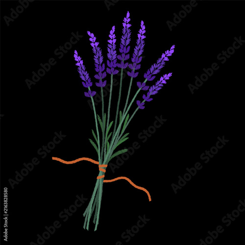 Purple lavender bouquet embroidery design. Floral needlework stitch style. Fashion clothing patches stickers print. Black background hand-stitched vector art.