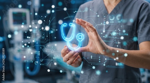 Doctor or nurse hands holding glowing blue holographic stethoscope icon symbolizing telemedicine and digital healthcare innovation, medical technology with virtual reality