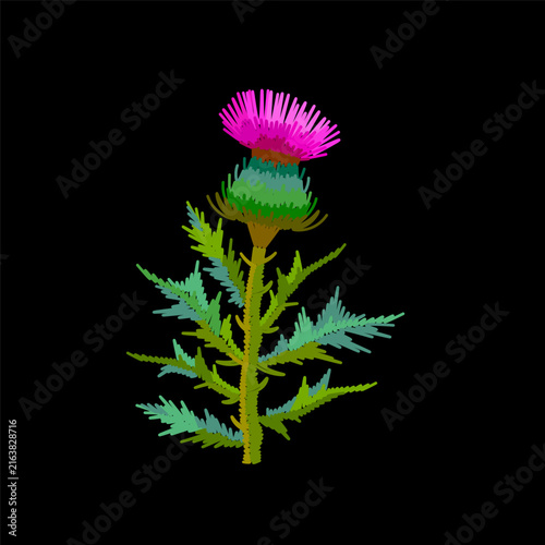 Pink thistle flower plant embroidery design. Botanical needlework stitch style vector art. Clothing towel bag jacket back cover print. Black background hand-stitched vector illustration.