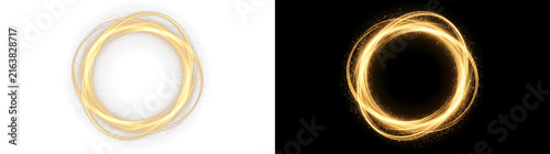 Golden glowing circular light frame with swirling particle streaks featuring elegant circular motion dynamic effects presented on transparent background