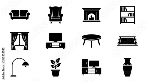 Black silhouette living room furniture and home decor icons