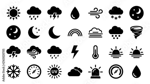 Black weather forecast and meteorological icon collection.
