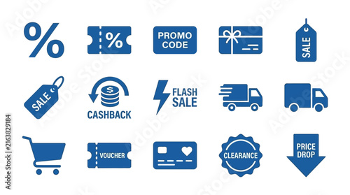 Blue e-commerce sale and discount promotion icons.