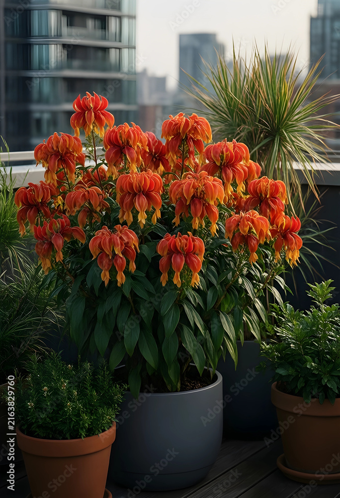 Fototapeta premium Urban gardening and rooftop terrace design, vibrant orange flowers in pots with city buildings in the background