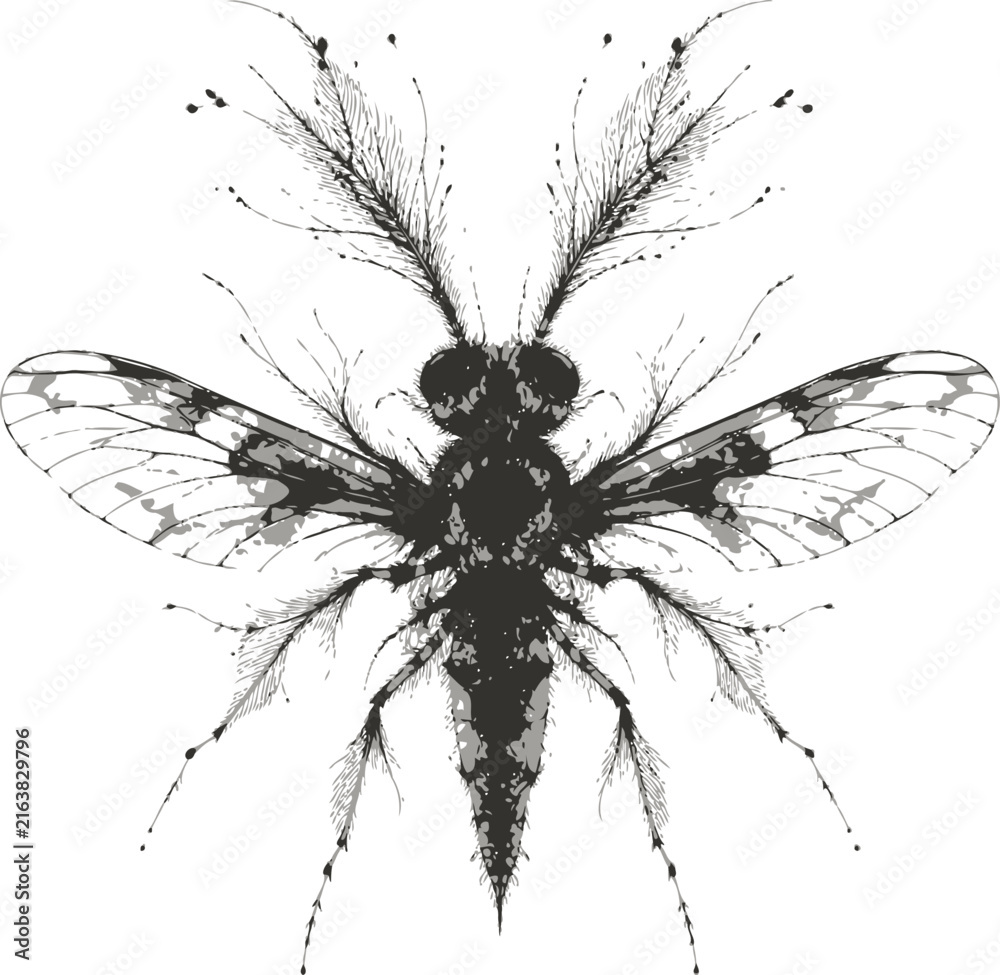 Obraz premium Detailed monochrome illustration of an insect with intricate wing patterns and feathery antennae, ideal for science and biology projects.