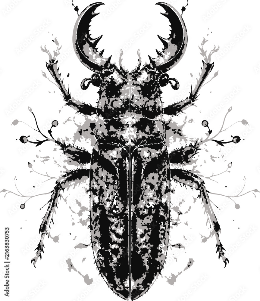 Obraz premium Detailed monochrome illustration of a stag beetle adorned with floral patterns, perfect for tattoo designs and wildlife apparel graphics.