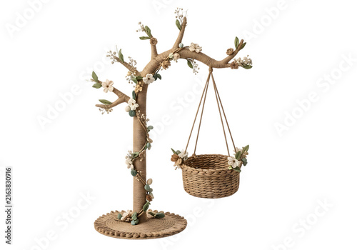 Rustic decorative tree stand with a hanging basket and branches adorned with handmade fabric flowers.