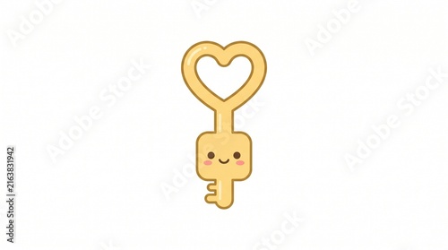 Cute Pastel Gold Key Character with Heart-Shaped Handle and Tiny Smiling Face | Minimal Kawaii Flat Vector Illustration