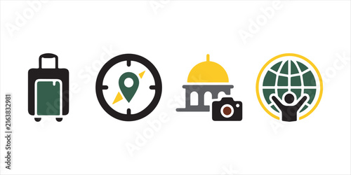 World Tourism Day: Sleek travel icon displaying a luggage suitcase next to a mini globe and airplane flight path, perfect for holiday planning, global tourism, and travel agency booking interfaces.