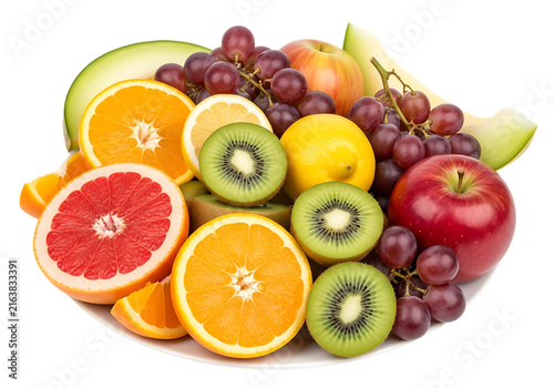 Abundant assortment of fresh fruits including oranges, kiwis, grapes, apples, and citrus slices on a plate.