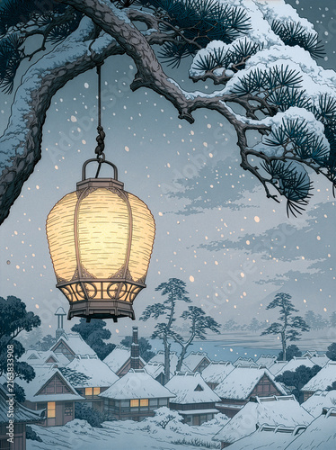 Vertical Japanese woodblock print of snow with a lantern in the foreground