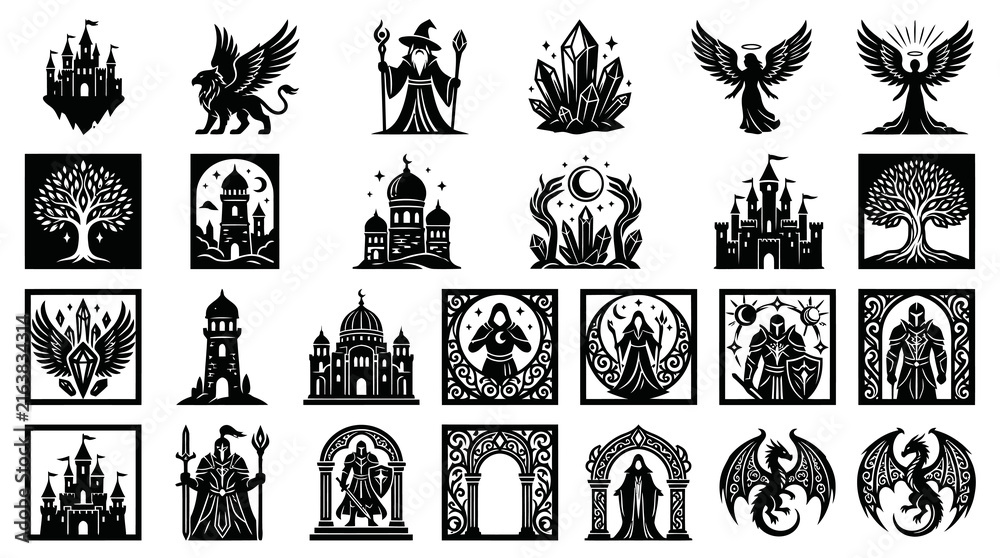 Fototapeta premium Fantasy Mythology Black and White Silhouette Vector Icons Set: Castles, Dragons, Wizards, Angels, Tree of Life, Crystals