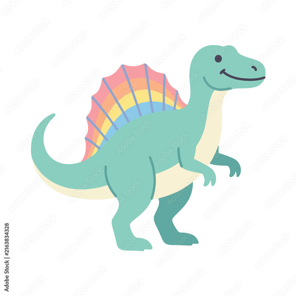 Fototapeta premium Cute green spinosaurus dinosaur character with colorful sail