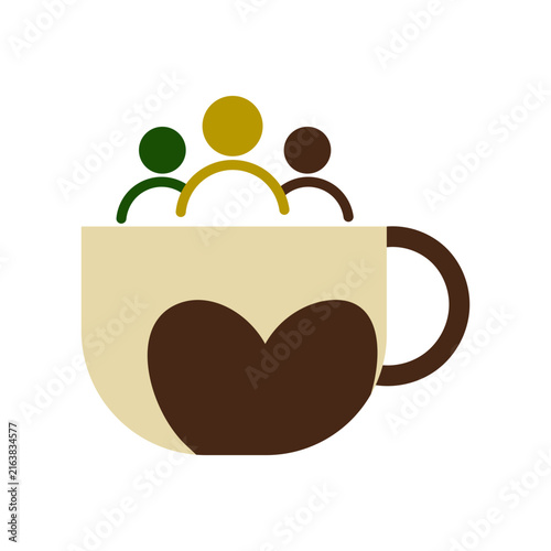 Cute cartoon coffee cup with heart design and three floating steam balls in playful pastel colors