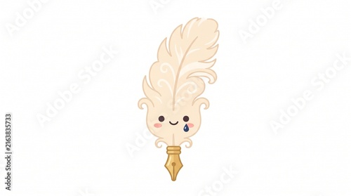 Cute Pastel Cream Feather Quill Character with Joyful Ink Drop Tear and Gentle Smile | Minimal Whimsical Flat Vector Illustration