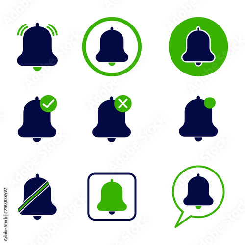 Set of nine colorful notification bell icons with checkmarks and alerts on transparent background for apps and websites