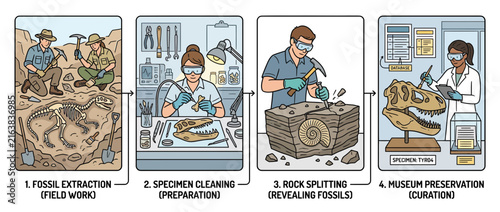 Foto Dinosaur Fossil Discovery and Preservation Process Infographic