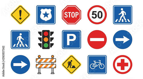 Colorful international road traffic and safety warning signs