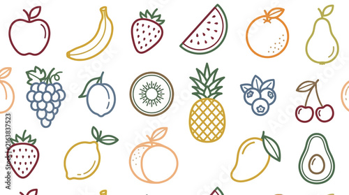 Colorful thin line fruit and nutrition icon set.