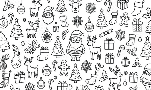 Christmas line art pattern, festive holiday icons background, black and white winter doodle vector, Santa and reindeer seamless wallpaper