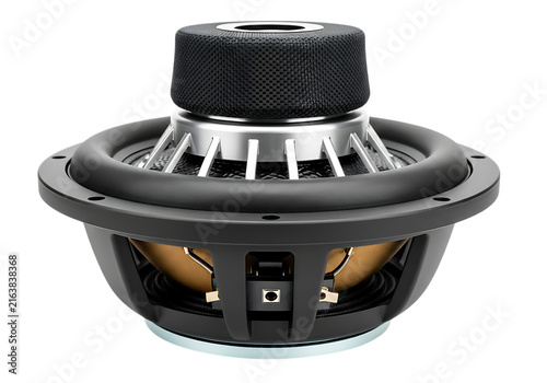 Close-up of a powerful car subwoofer speaker with a black cone and metallic accents, audio equipment.