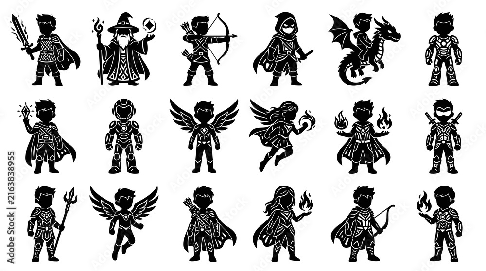 Fototapeta premium Fantasy Hero Silhouettes: Warriors, Wizards, Dragons Mythical Characters - Black White Vector Art