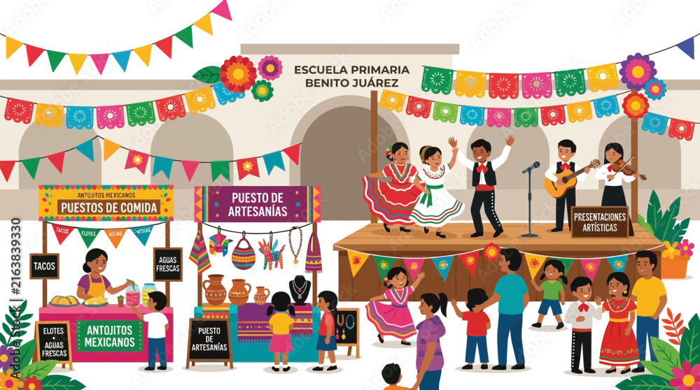 Naklejka premium Mexican School Festival: Children Dancing, Music, Food & Craft Stalls