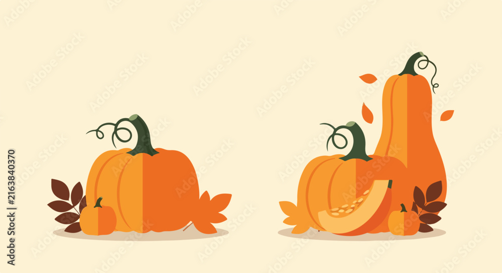 Fototapeta premium This vector illustration features stylized pumpkins, autumn leaves, and a pumpkin slice arranged in two groups on a warm, neutral background.