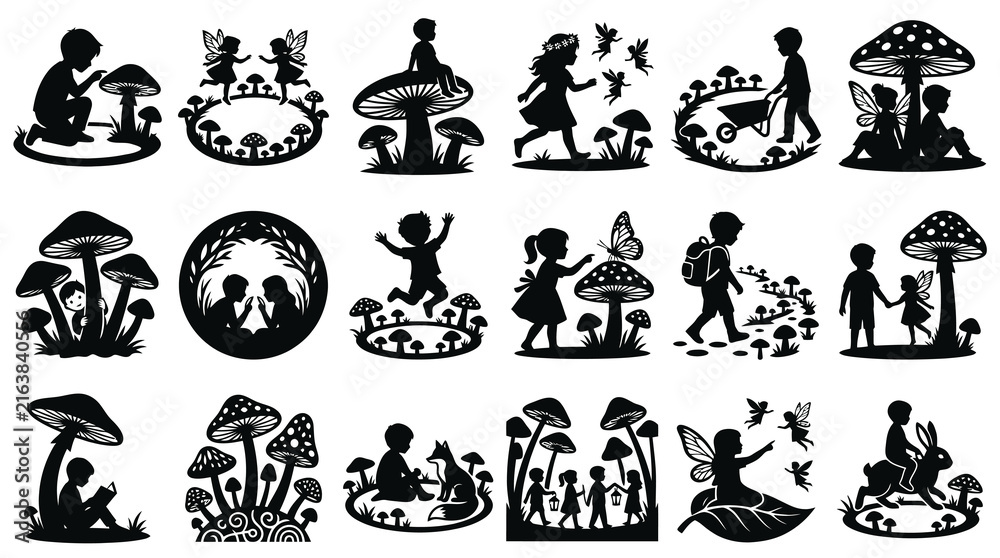 Fototapeta premium Magical Forest Silhouettes: Fairies, Kids, Mushrooms, Enchanted Nature Art