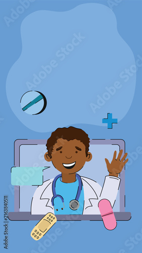 Black doctor providing virtual medical consultation through a computer.