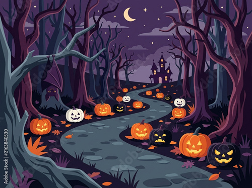 Spooky Halloween Forest Path with Jack-O-Lantern Pumpkins and Haunted Castle at Night