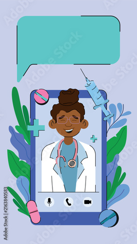 Black female doctor providing virtual healthcare through a smartphone.