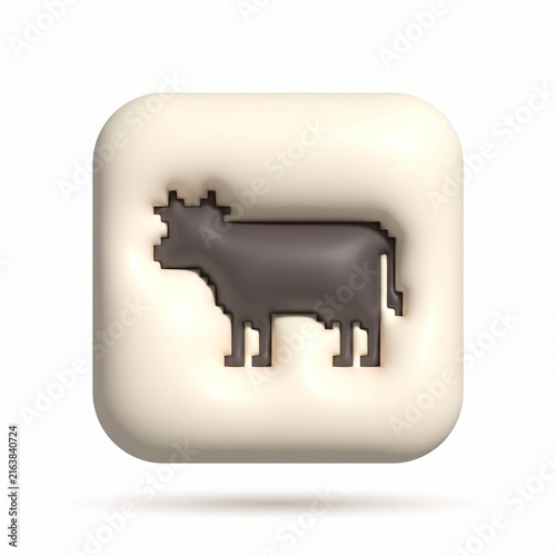 Premium 3D Matte Clay Pixel Cow Icon on Rounded Square