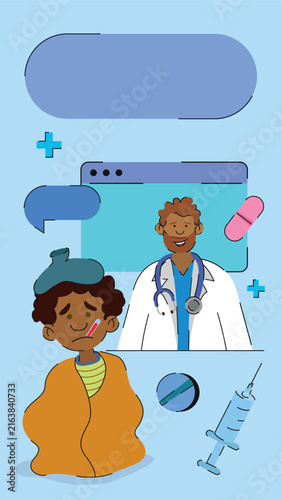 Black child having an online medical consultation with a pediatrician.