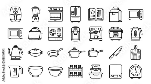 Cooking utensils and kitchen tools line icon set