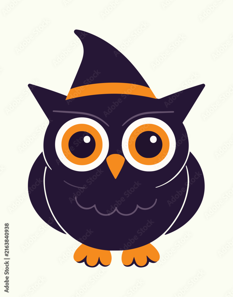 Fototapeta premium Simple of a cute owl wearing a witch hat, colored in dark purple and orange, with large eyes and a minimalist isolated on a white background, halloween themed ataullahakram01