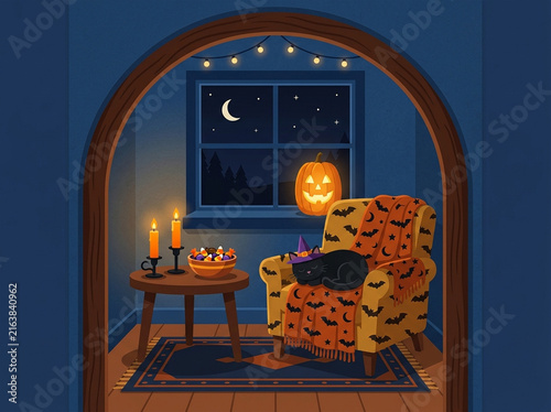Cozy Halloween Interior with Black Cat Sleeping on Armchair and Carved Pumpkin