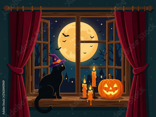 Halloween black cat wearing witch hat by window with pumpkin candles and full moon