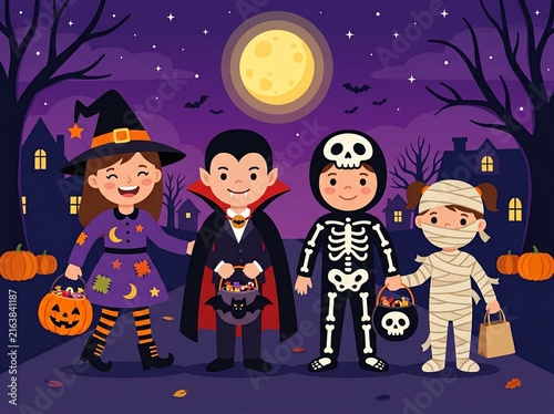 Children in Halloween Costumes Trick or Treating Under Full Moon Night Background Illustration