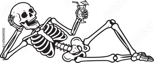 Skeleton relaxing with a drink isolated on transparent background, Vector, illustration